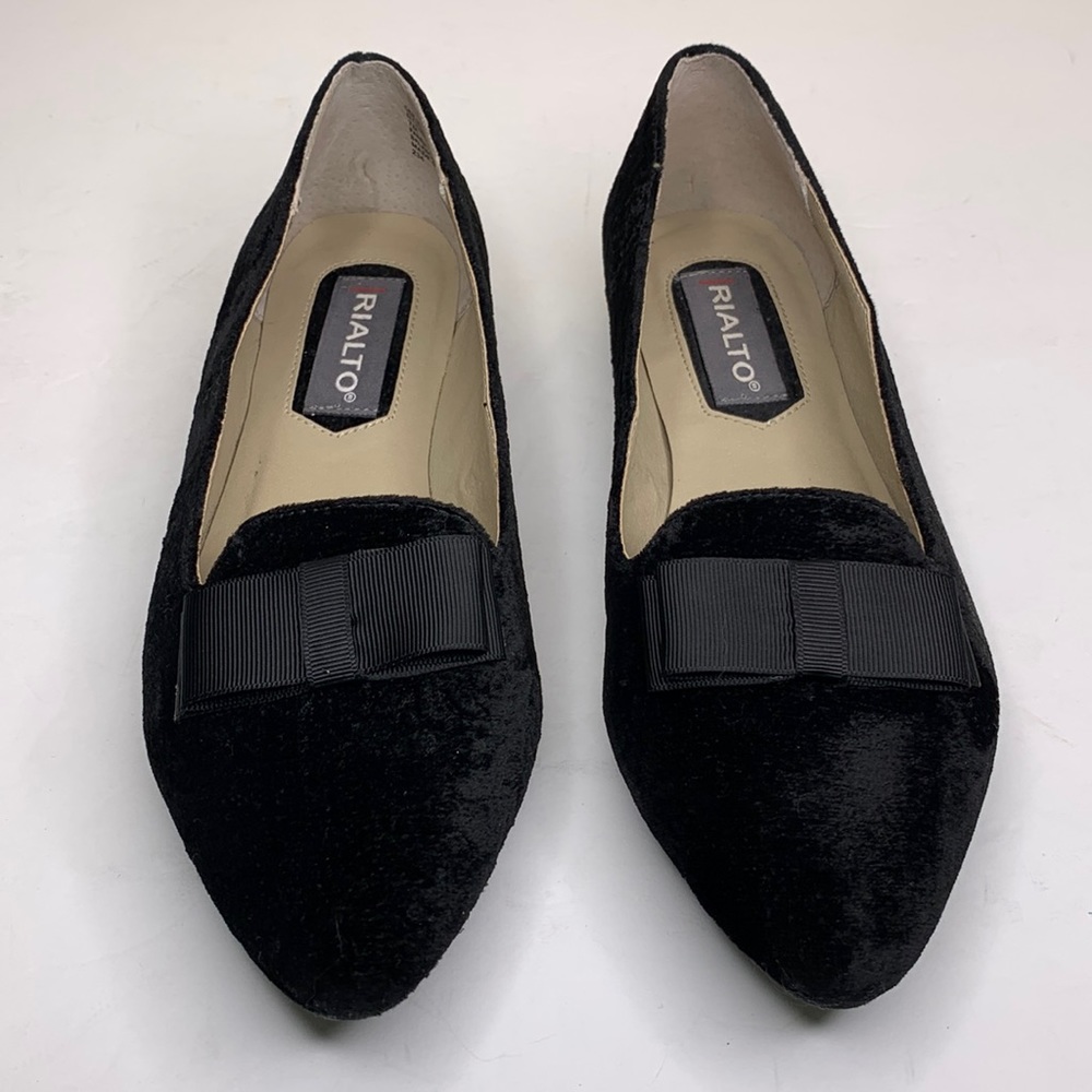 RIALTO Velvet Loafers Black AMALIA Ribbon Bow Slip On Festive Dressy Flats 7